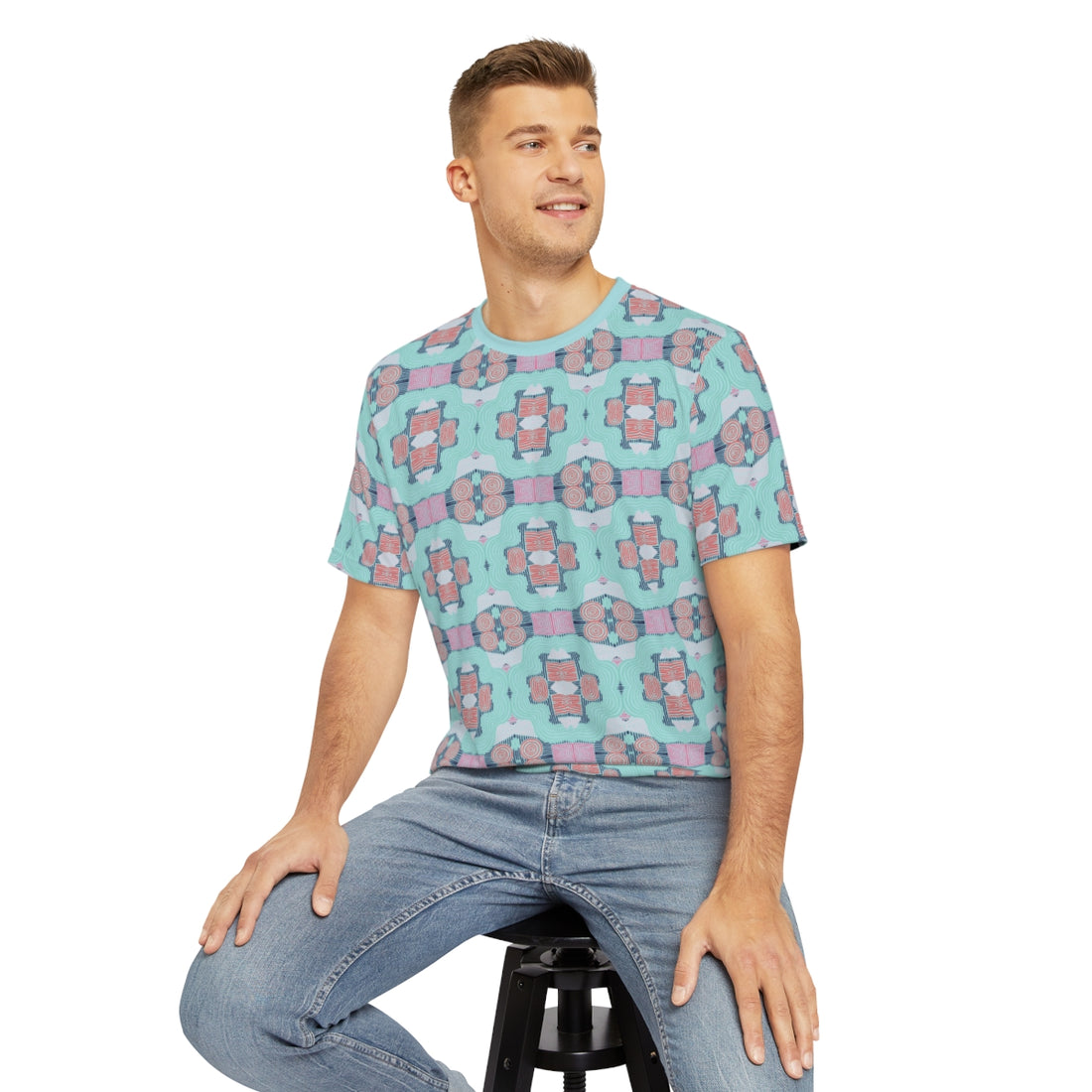 Icy Blue Geometric Print Men's Polyester Tee (AOP)