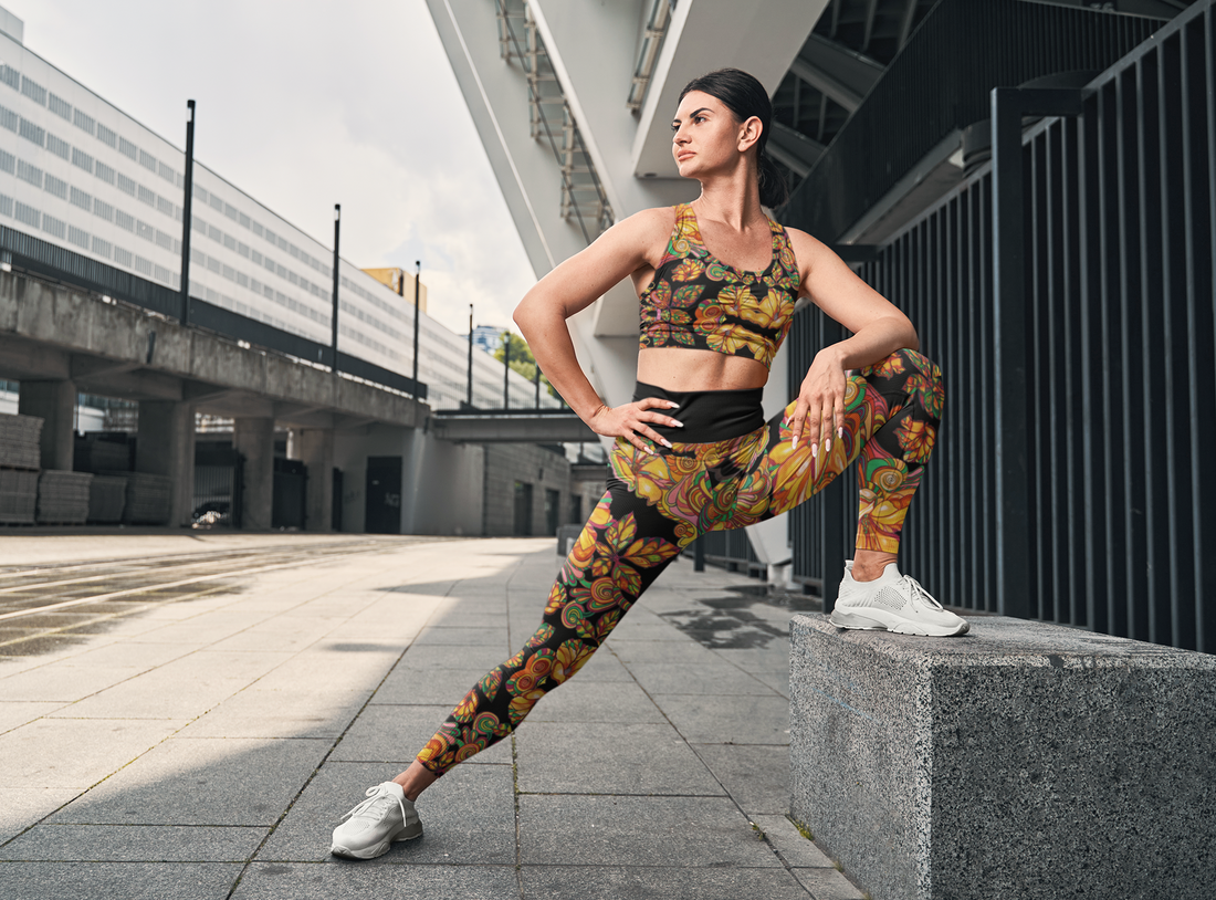 Black Artsy Floral Racerback Sports Bra & Yoga Leggings Bundle