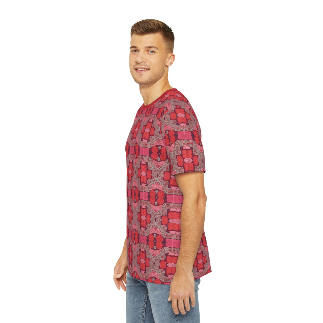 Red Geometric Print Men's Polyester Tee (AOP)