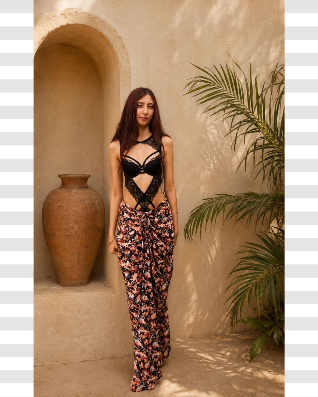 Floral Front Draped Drawstring Skirt with Slit
