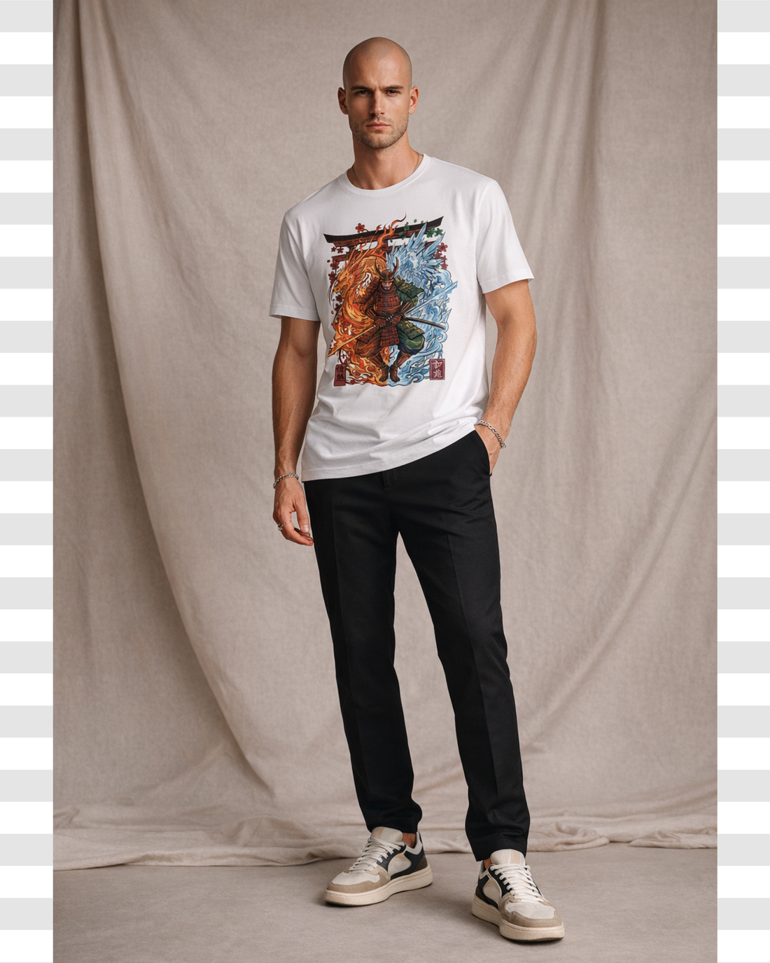 Fire & Ice Duality Streetwear Graphic Cotton Samurai Men's Tee