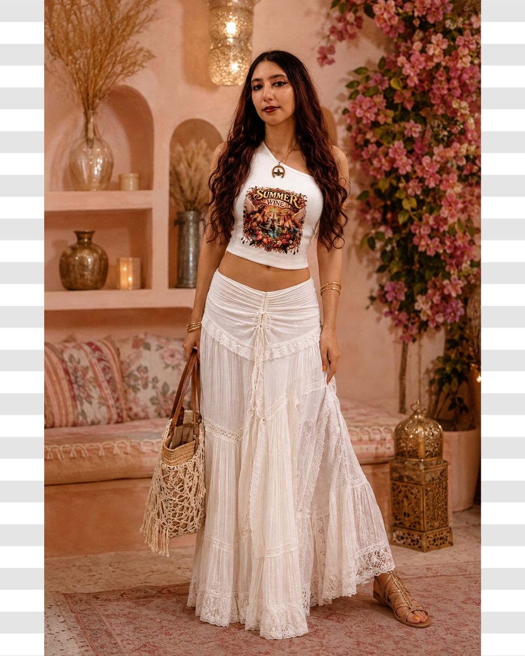 White One Shoulder Summer Wine Print Graphic Typography Rib Knit Crop Top