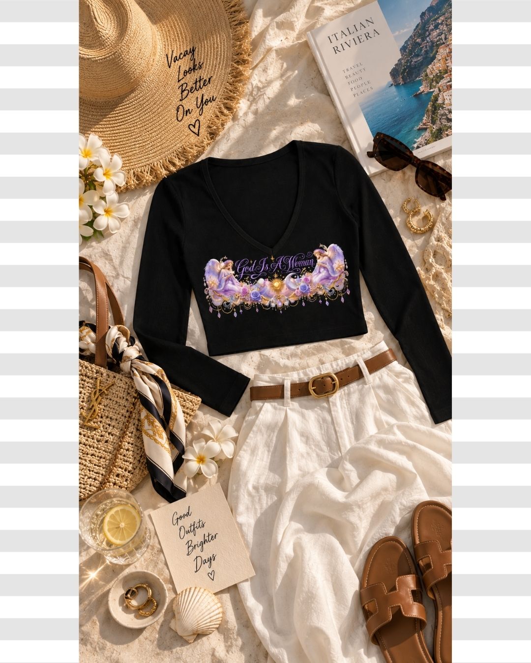 Goddess Energy Angelic Print Full Sleeved V-neck Black Crop Top