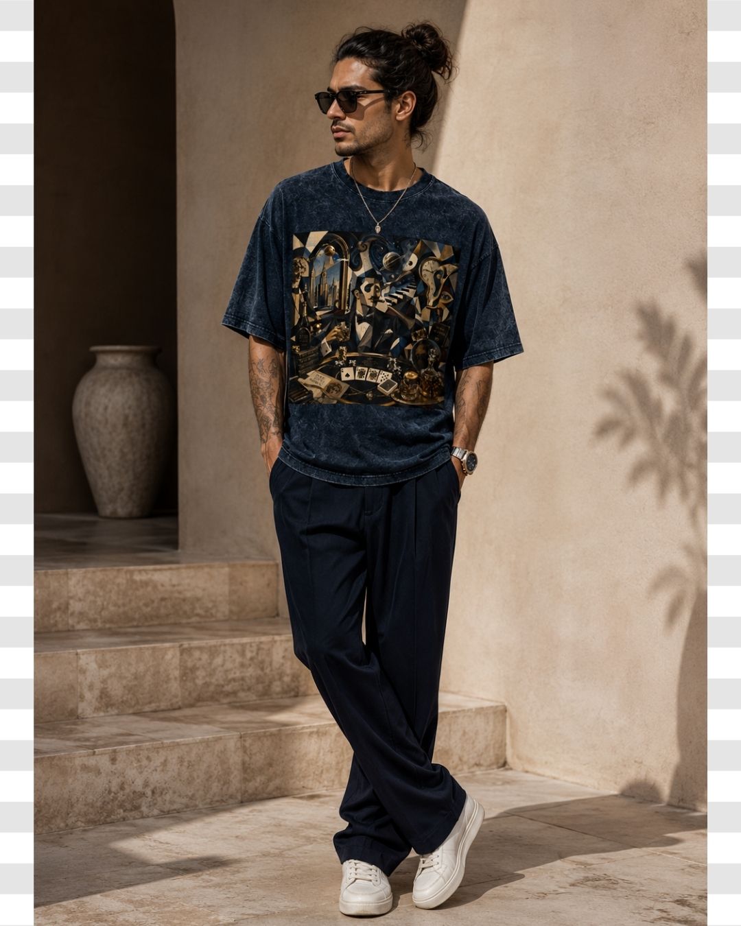 Gentleman's Gambit Acid Wash Dapper Streetwear Graphic Artistic Cotton Tee For Men