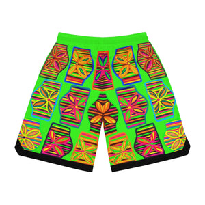 Neon Green Art Deco Print Basketball Rib Shorts (AOP)