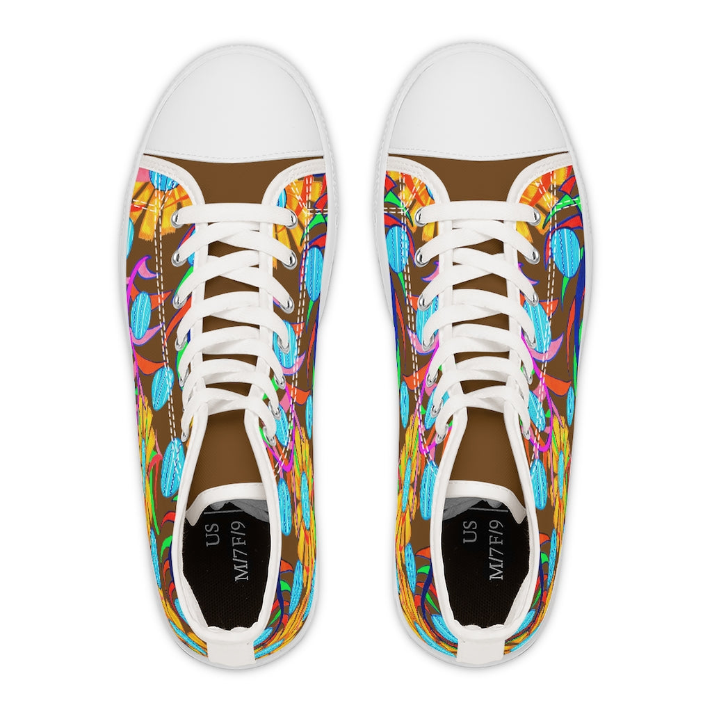 brown sunflower print women's hightop canvas sneakers 