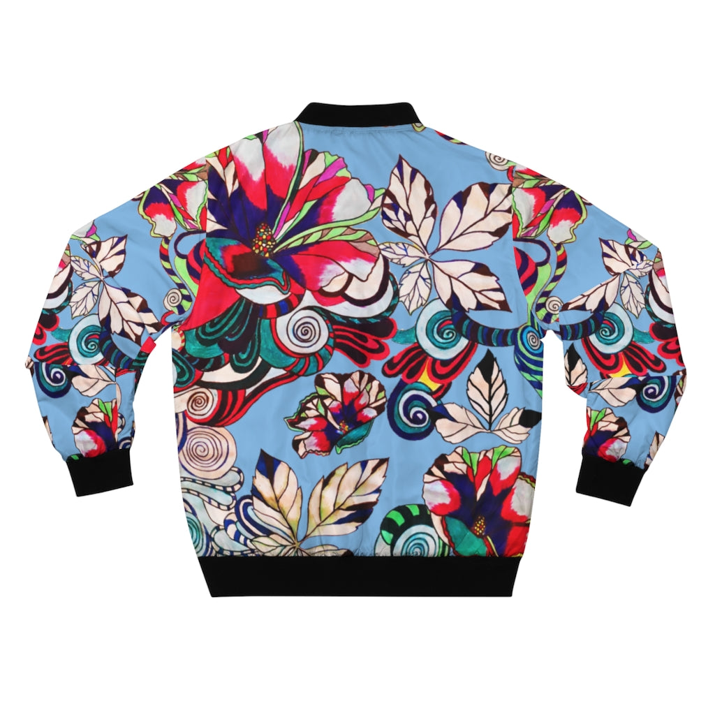 sky blue graphic floral men's bomber jacket