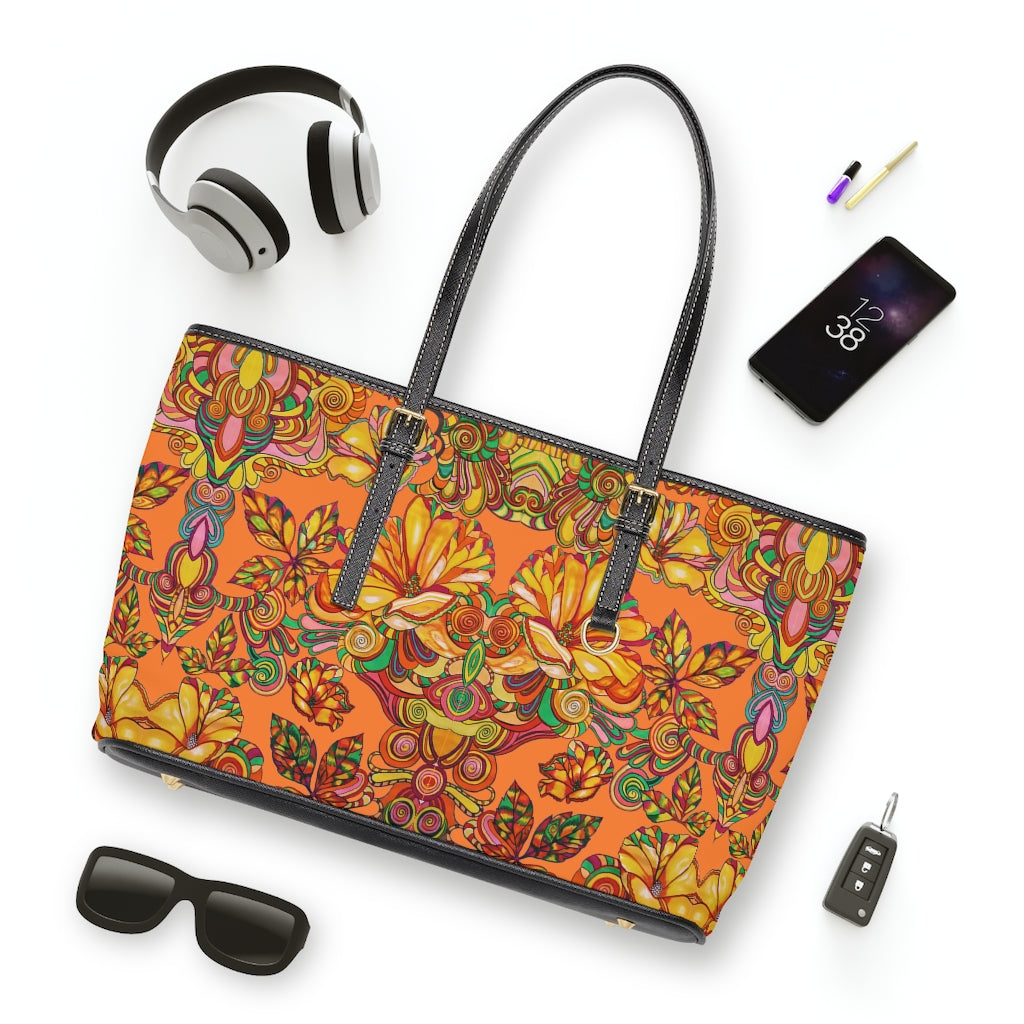 Peach Artsy Floral PU Leather Shoulder Bag