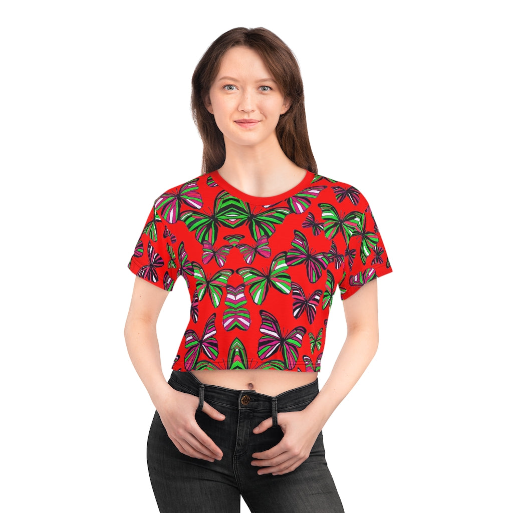 Red Butterfly AOP Crop Tee