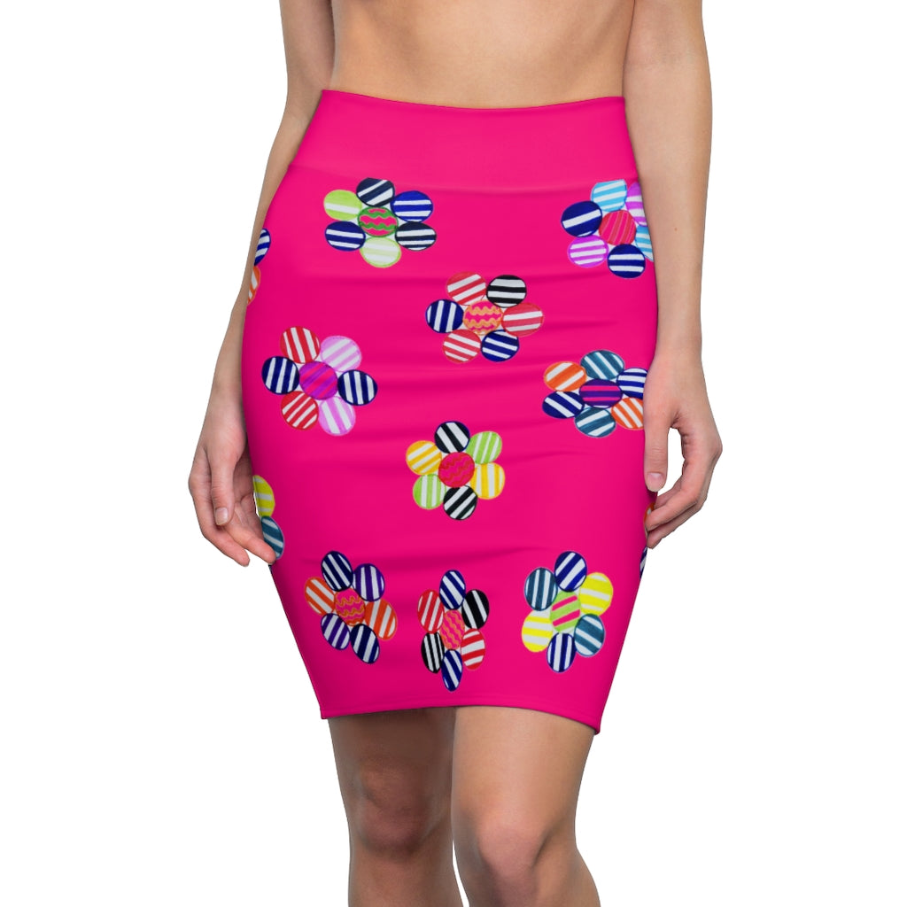 hot pink striped floral print pencil skirt