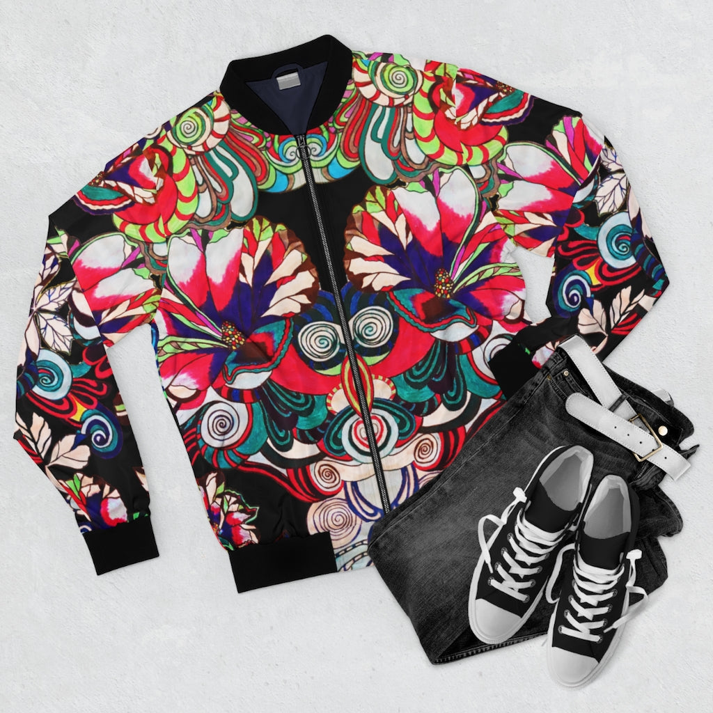 black graphic floral men's bomber jacket