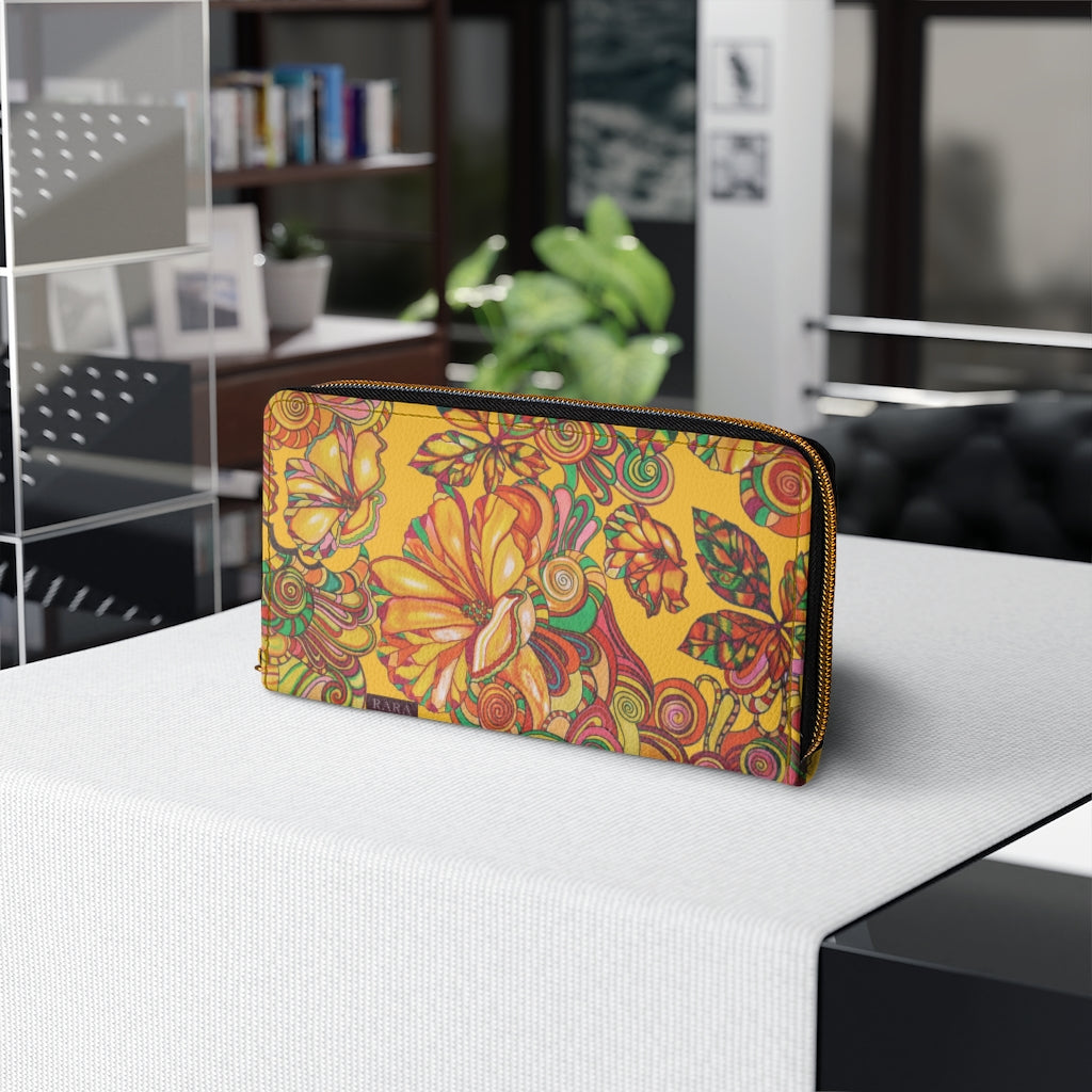 Yellow Artsy Floral Zipper Wallet