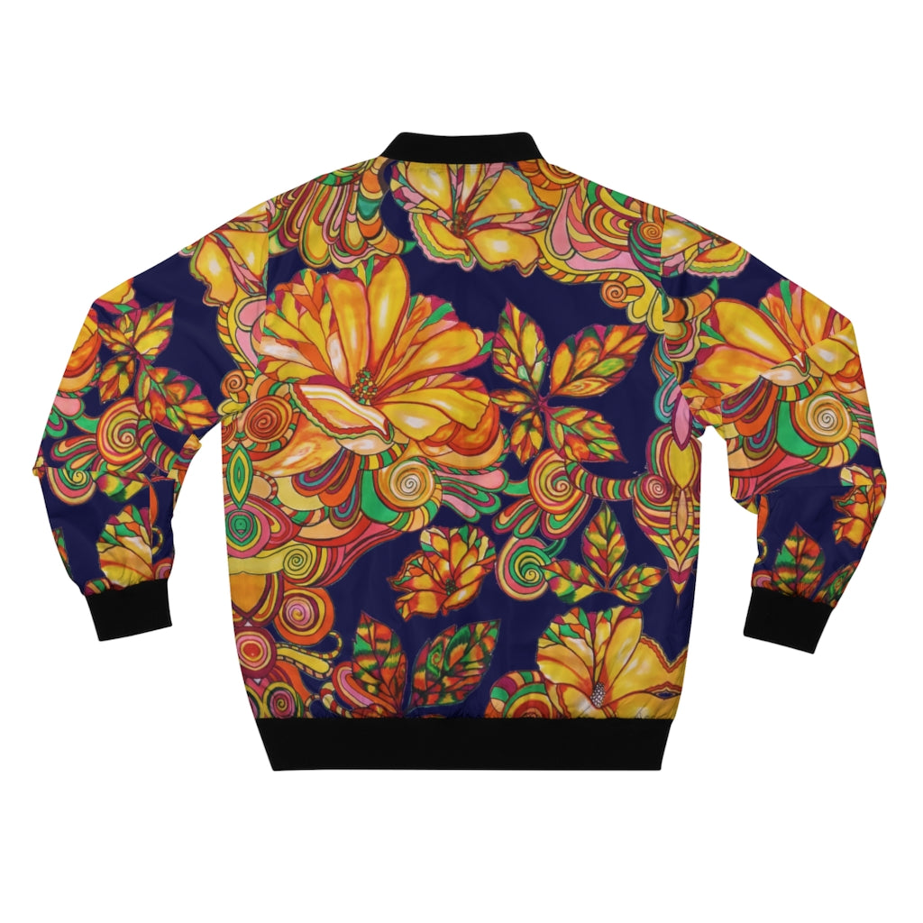 ink blue men's wear bomber jacket in artsy floral print