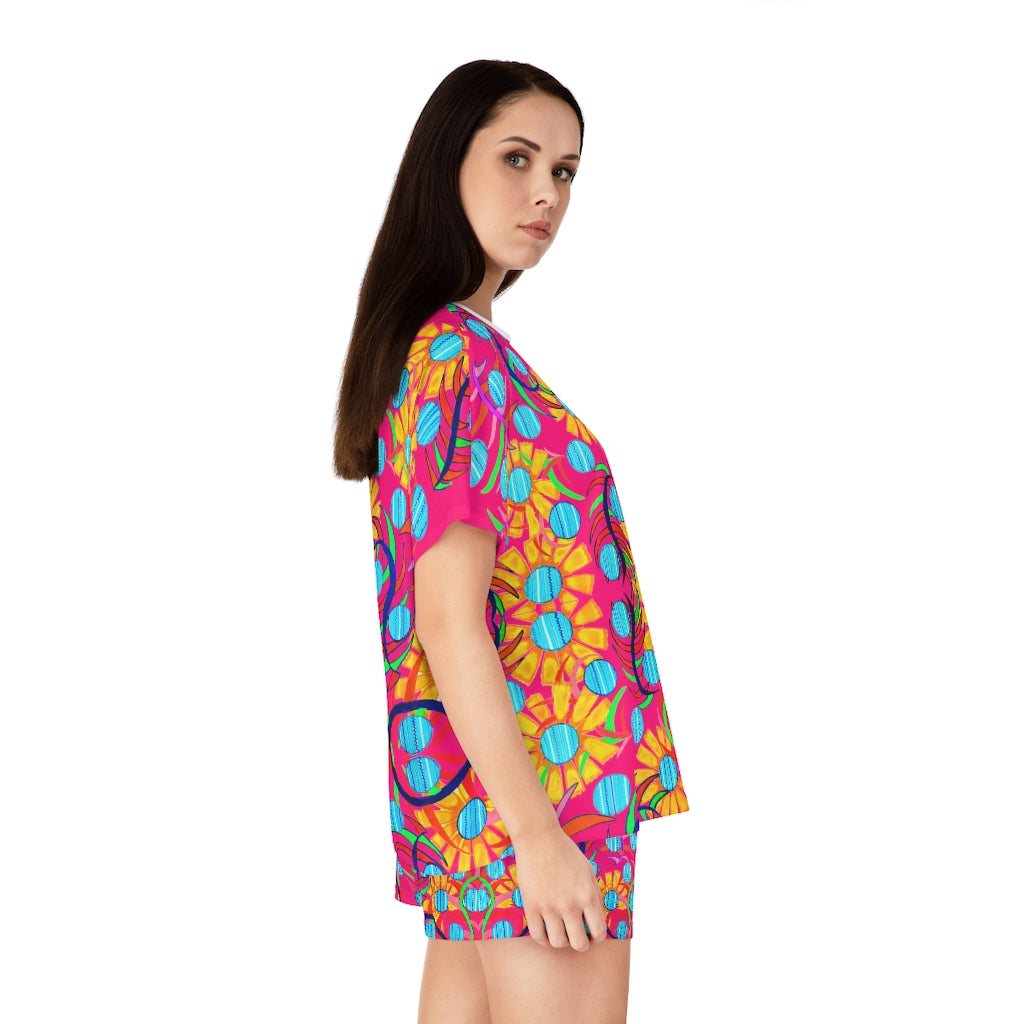 Hot Pink Sunflower Short Pajama Set (AOP)