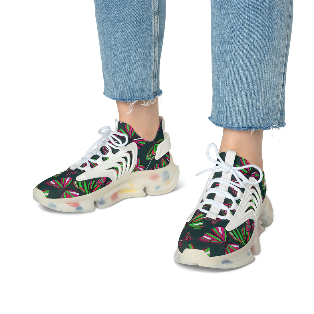 Bottle Green Butterfly Printed OTT Women's Mesh Knit Sneakers