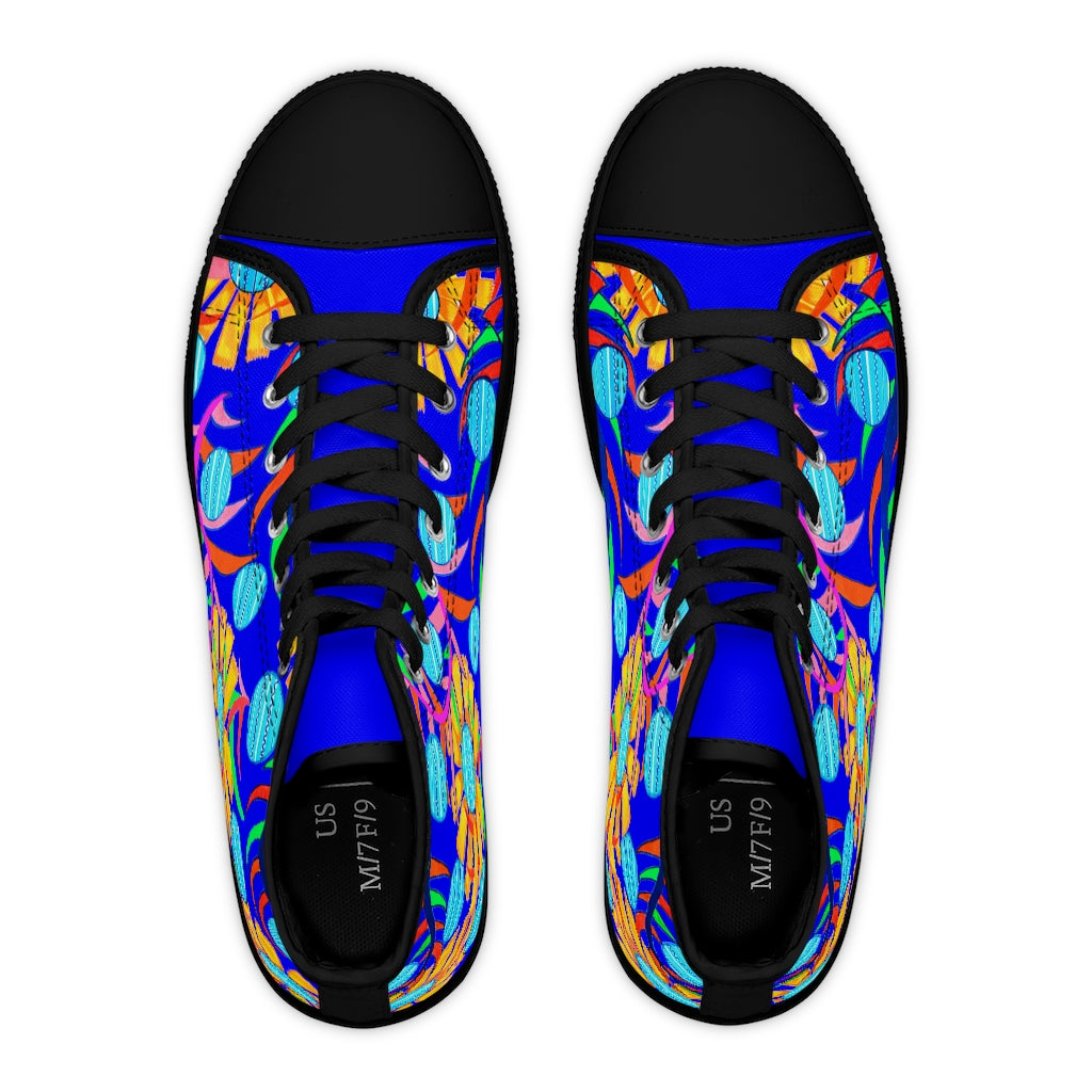electric blue sunflower print print women's hightop canvas sneakers 