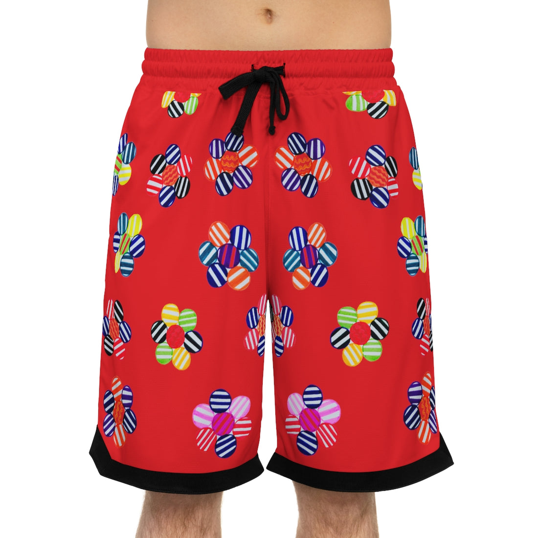 red geometric floral print basketball shorts for men