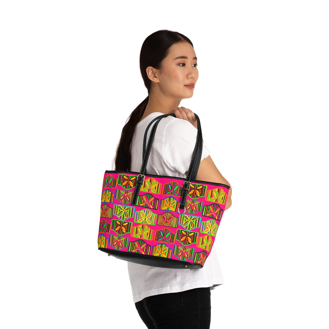 hot pink  pu leather zipper shoulder tote bag