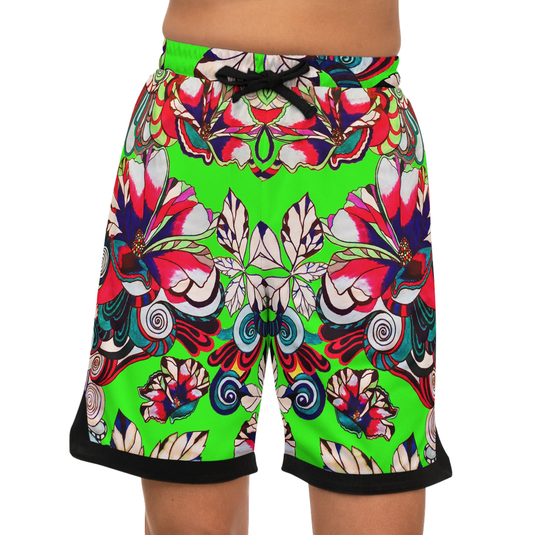 Neon Green Graphic Floral Basketball Rib Shorts (AOP)