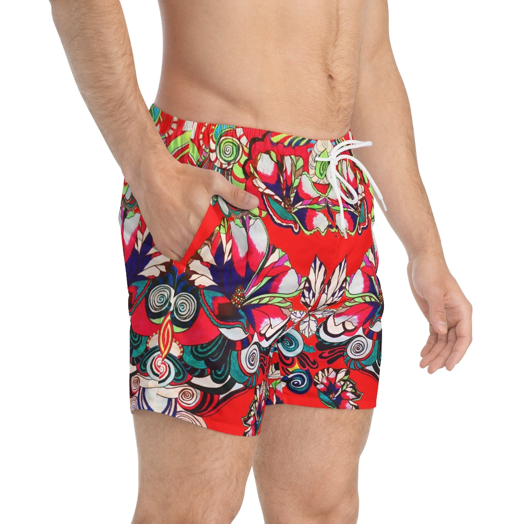 red Graphic floral print men's swimming trunks by labelrara