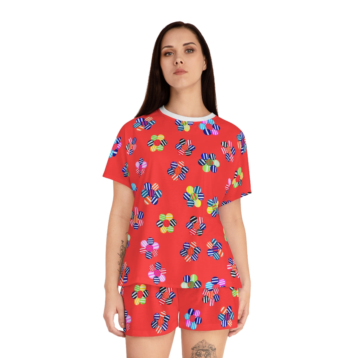 vermillion geometric floral shorts & t-shirt pajama set