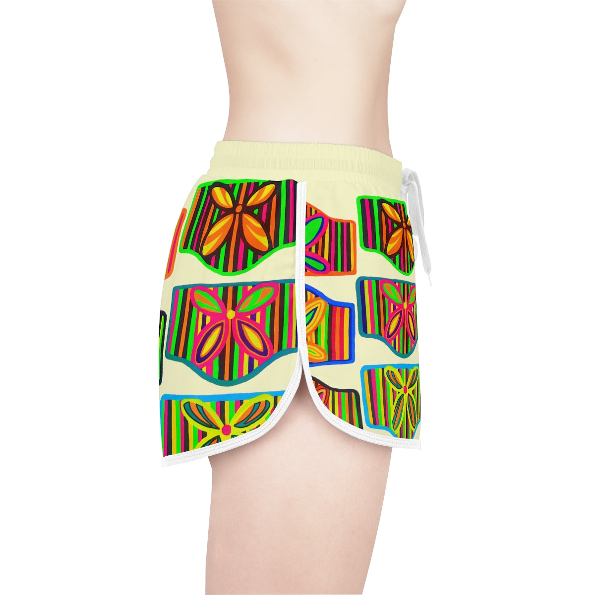 cream art deco print relaxed gym shorts for women