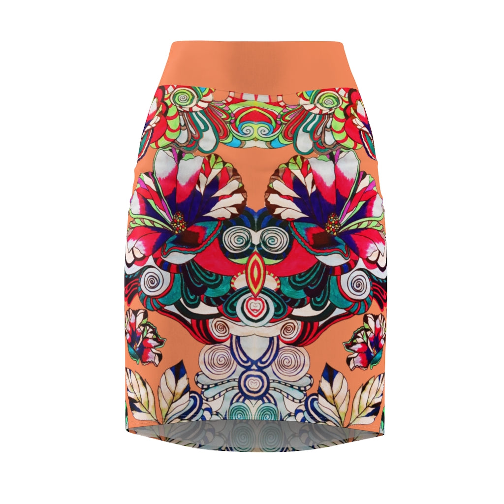 Floral Pop Coral Pencil Skirt