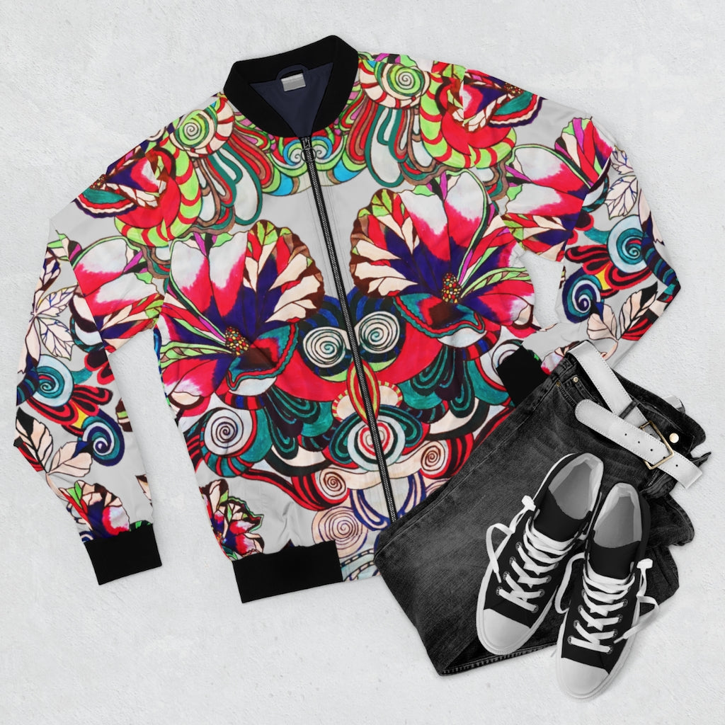 slate grey graphic floral men's bomber jacket