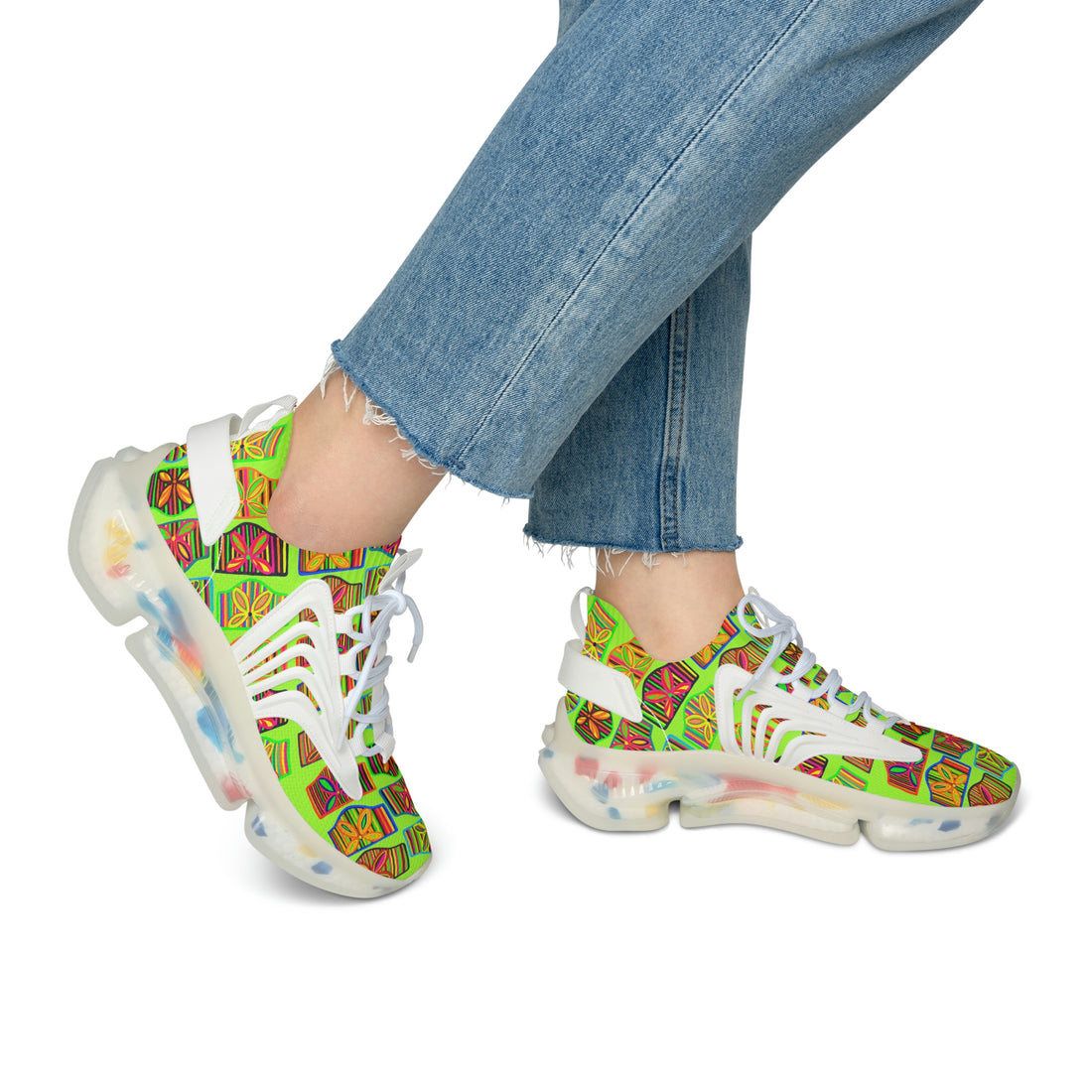 lime women's art deco print mesh knit sneakers 