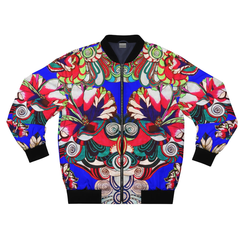 electric blue graphic floral men's bomber jacket