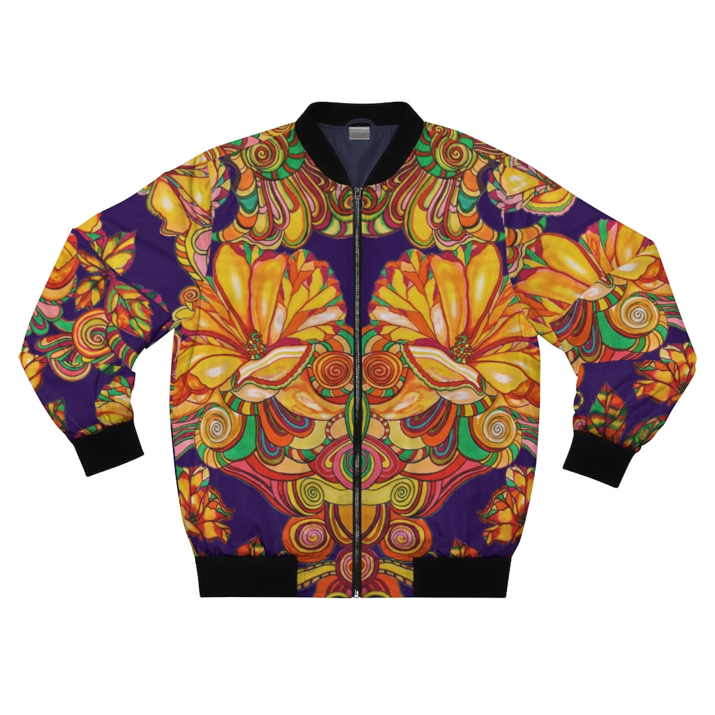 violet men's wear bomber jacket in artsy floral print