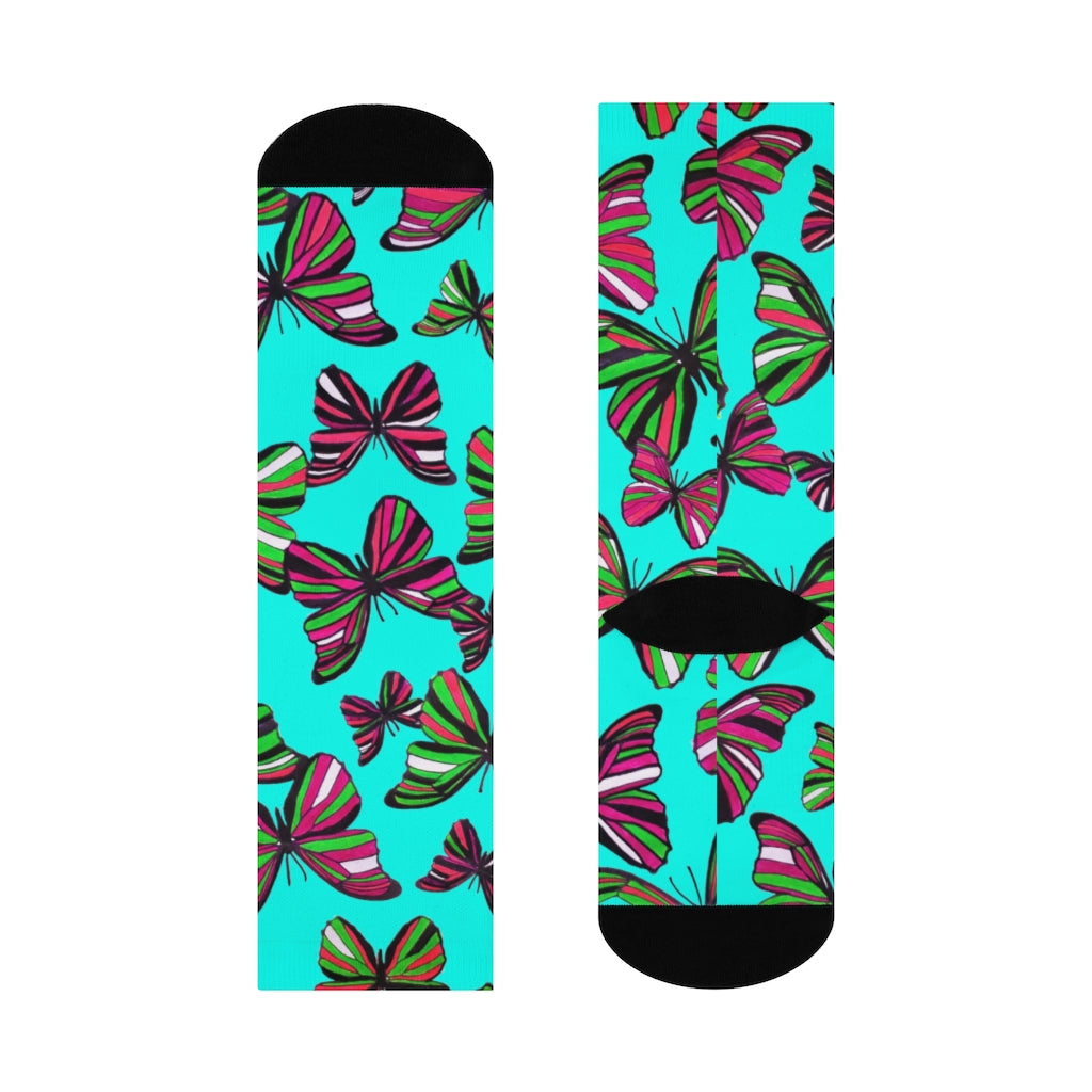 Grunge Butterflies Cyan Crew Socks