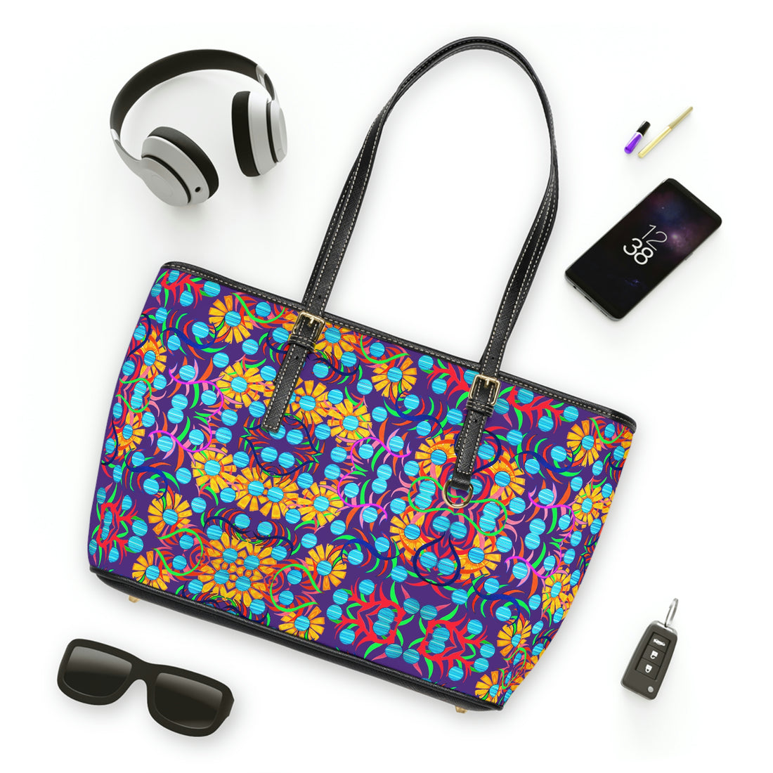 purple sunflower print pu leather zipper tote bag