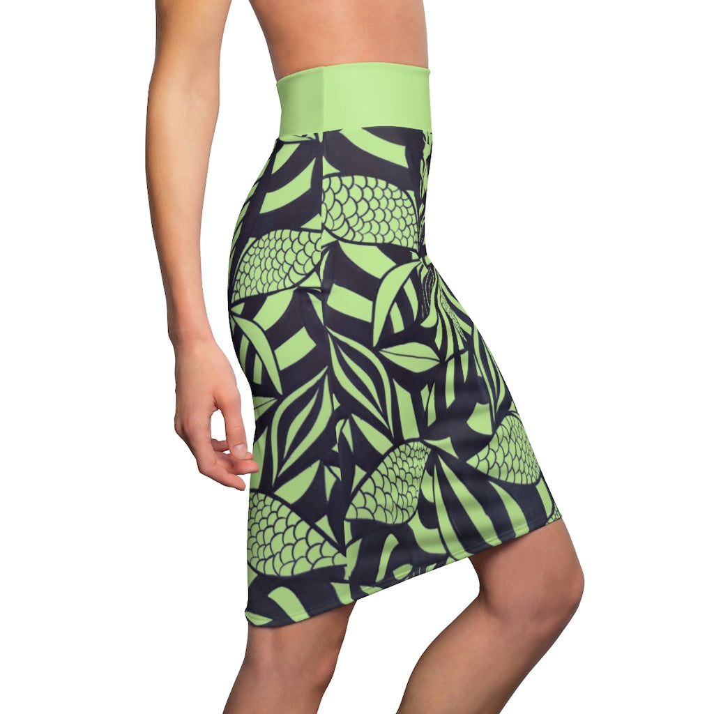 Tropical Minimalist Safari Green Pencil Skirt