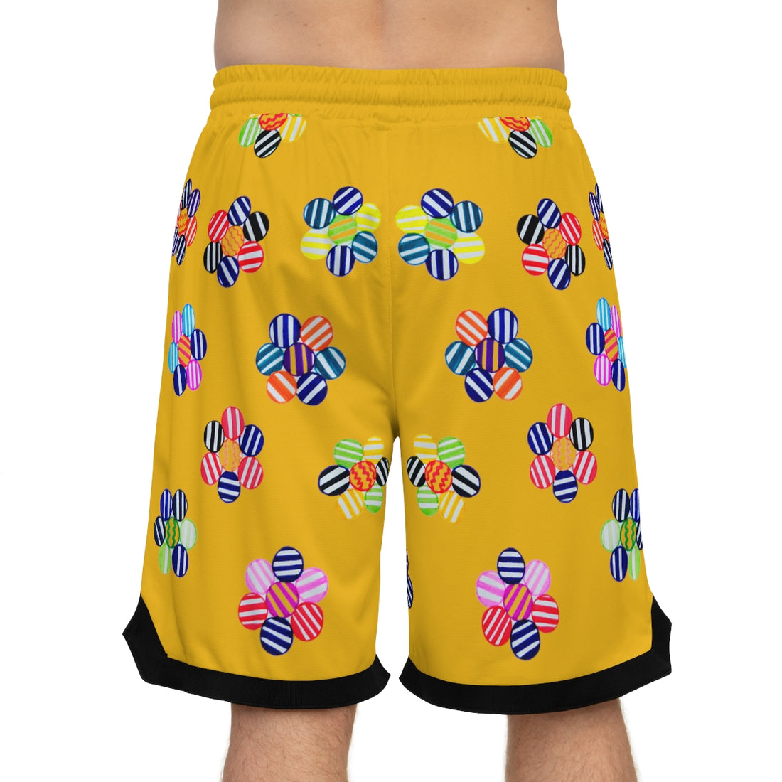 yellow geometric floral print basketball shorts for men