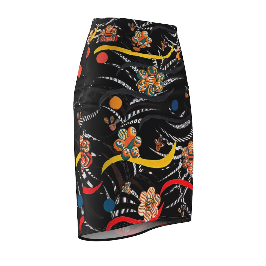 Black Wilderness Print Pencil Skirt