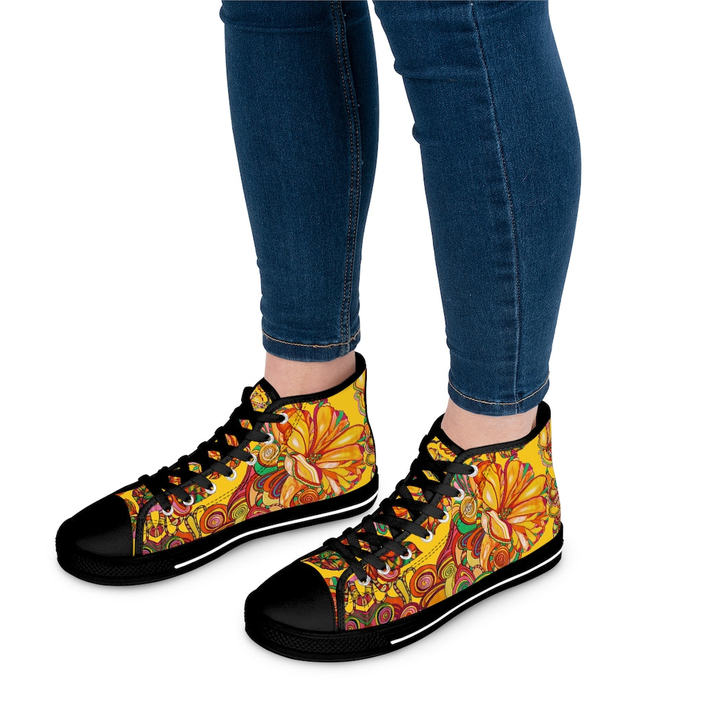 Yellow Artsy Floral Women's High Top Sneakers