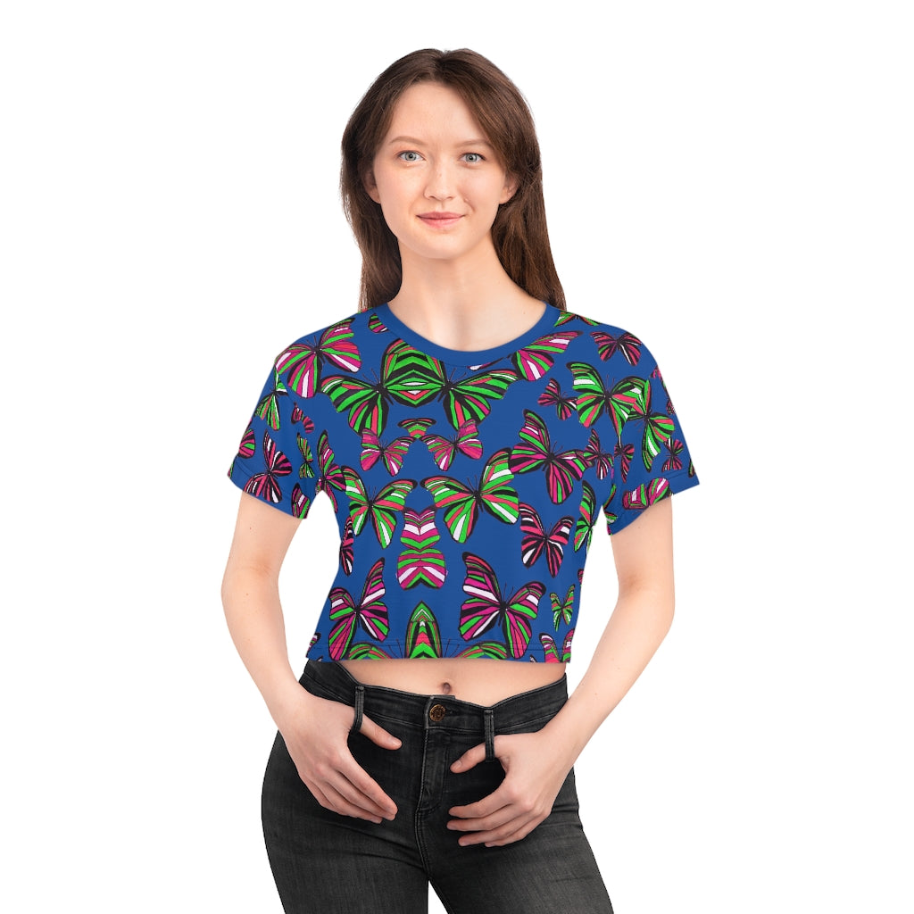 blue butterfly print crop t-shirt