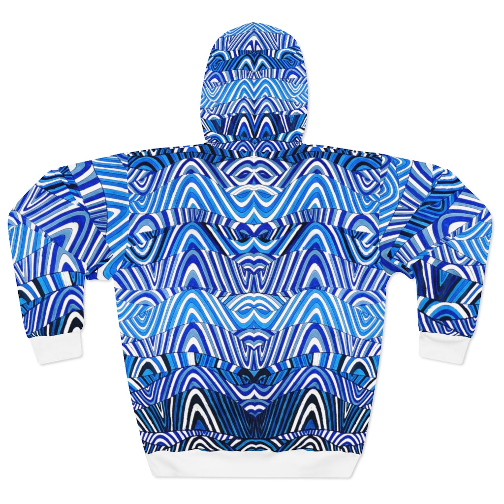 white & blue psychedelic print unisex pullover hoodie