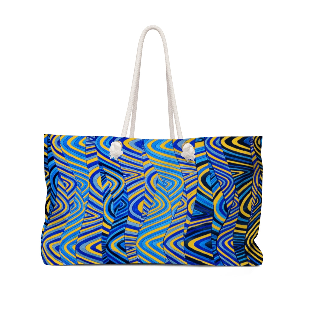 yellow & blue psychedelic print weekender oversized tote bag