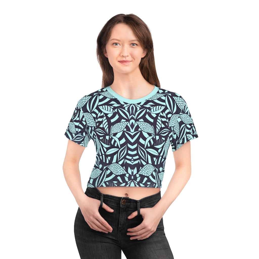 sky blue tropical print crop t-shirt