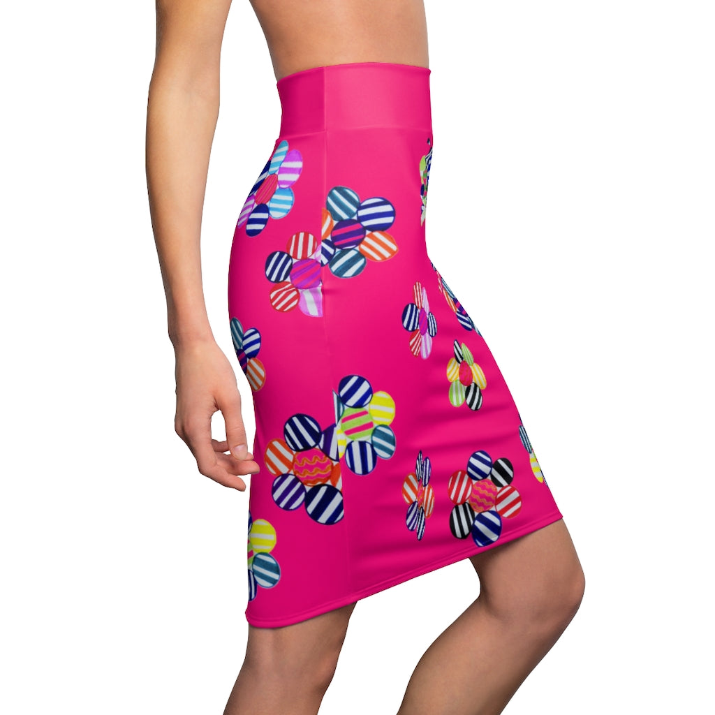 Hot Pink Candy Florals Print Pencil Skirt