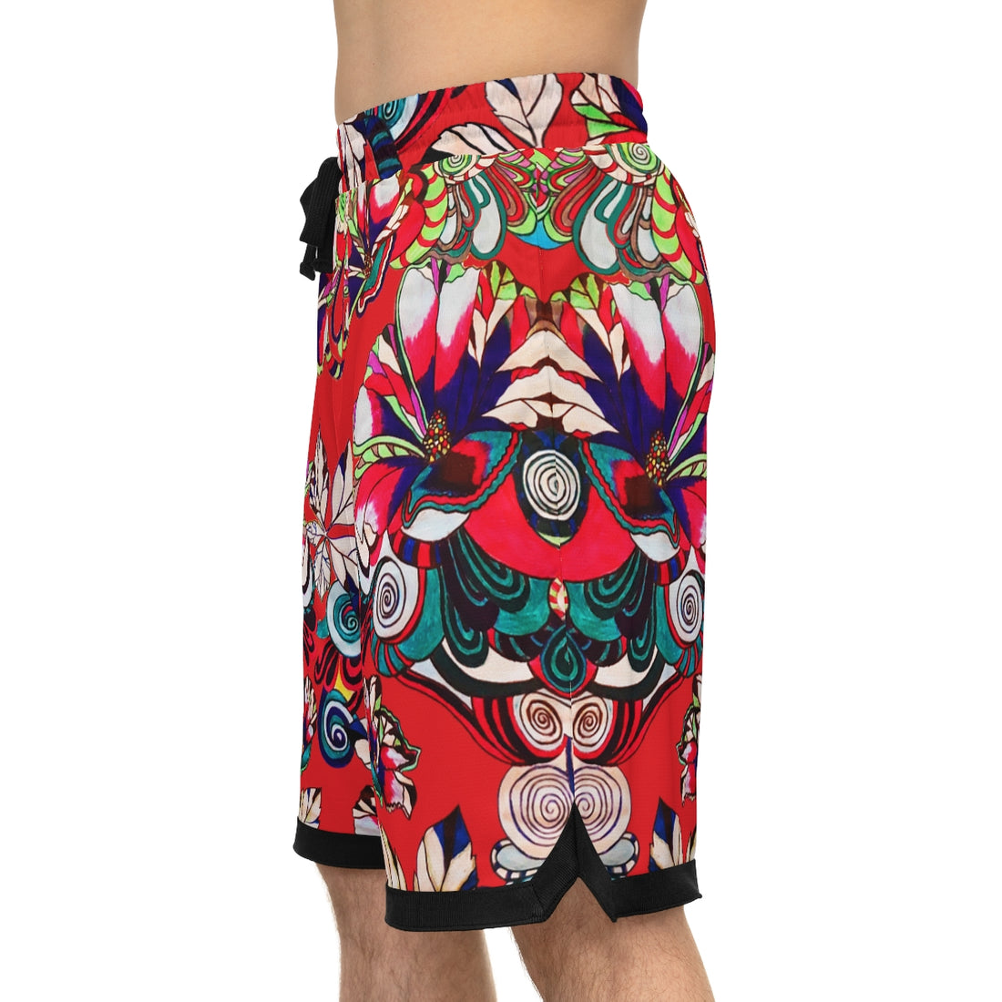 Red Graphic Floral Basketball Rib Shorts (AOP)