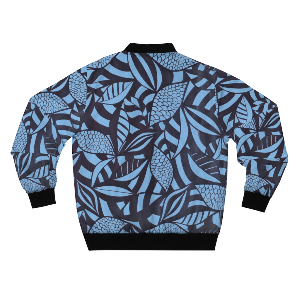 sky blue tropical leaves print men's bomber jacket