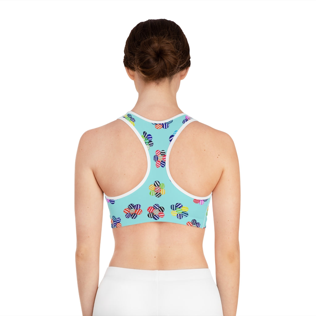 icy blue geometric flowers sports bra 