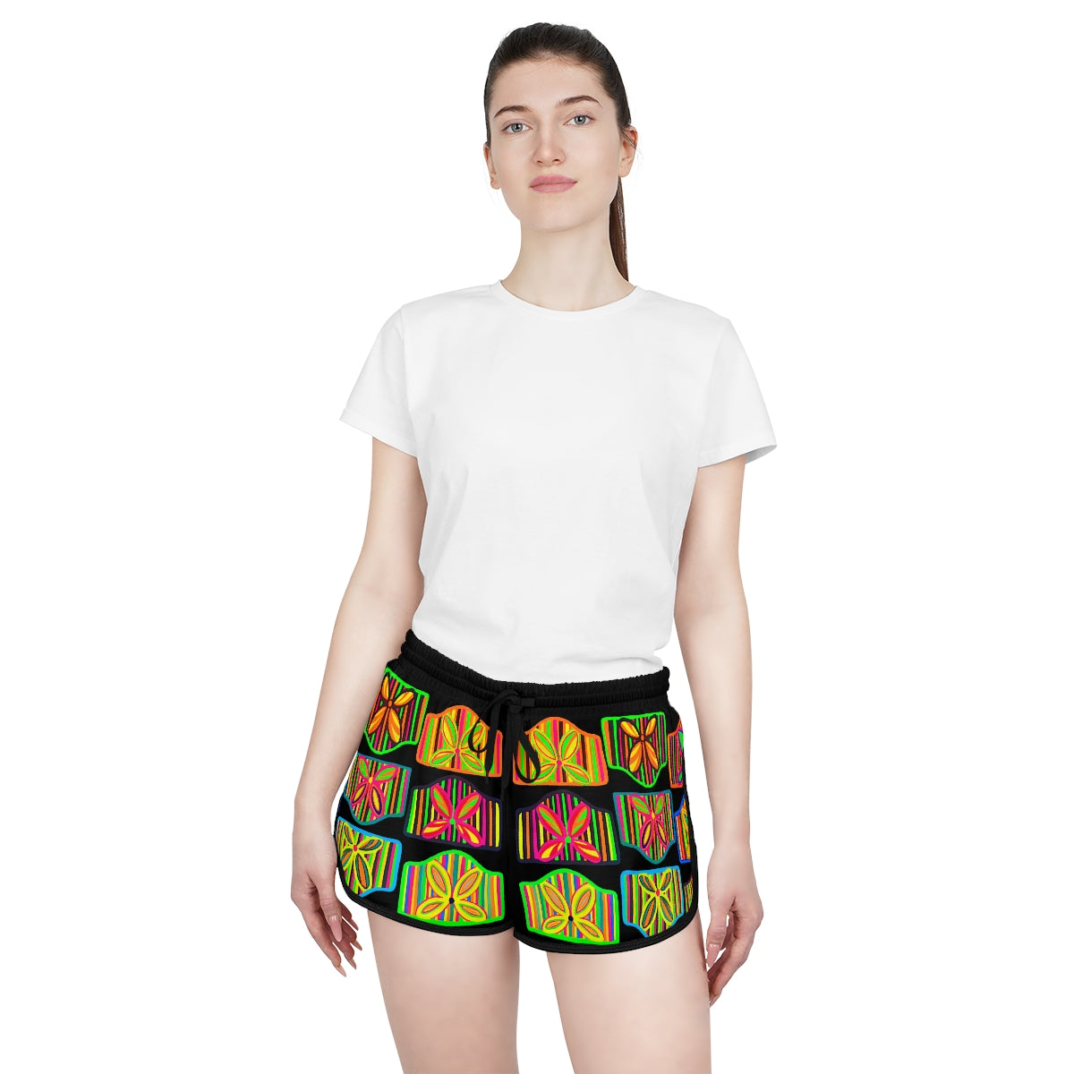 Black Deco Print Relaxed Shorts