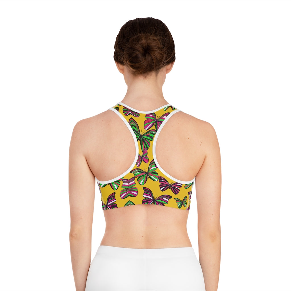 yellow butterfly print sports bra