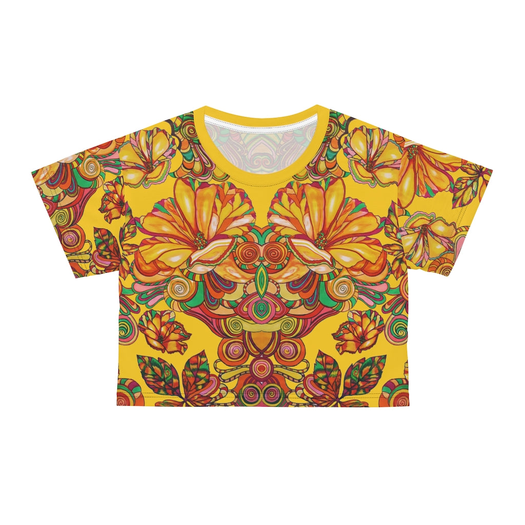 yellow graphic floral print crop t-shirt