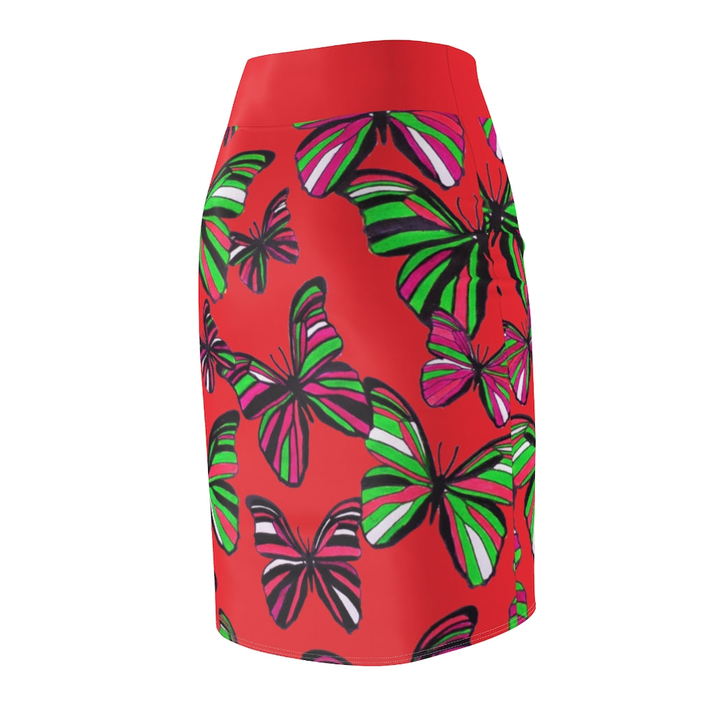 Red Butterflies Pencil Skirt