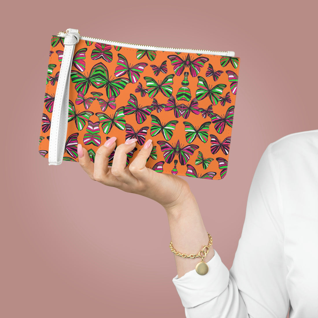 Peach Butterfly Print Clutch Bag